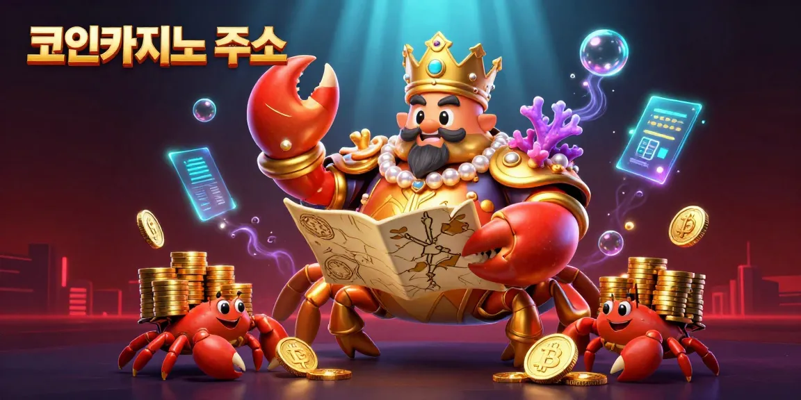 코인카지노 주소와 함께하는 환상적인 카지노 일러스트, 황금 게 황제와 게 하인들이 상금을 나르고 있습니다.