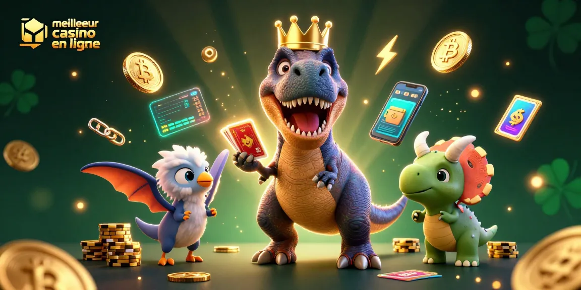 Illustration du meilleur casino en ligne mettant en scène un T-Rex au poker, s'illuminant de pièces de crypto.