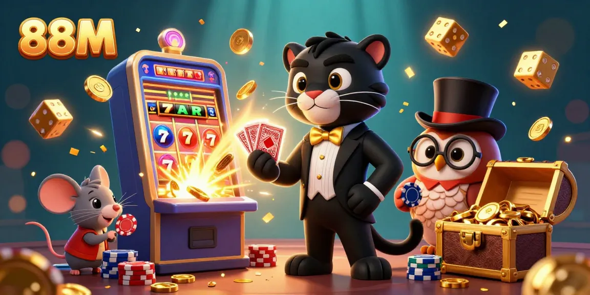 88M panther dealer entertaining in a vibrant casino scene with gold coins and jackpots.