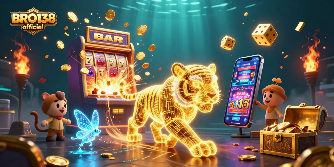 BRO138 official showcases an exciting 3D casino scene with a golden tiger amid dynamic slot machine action.