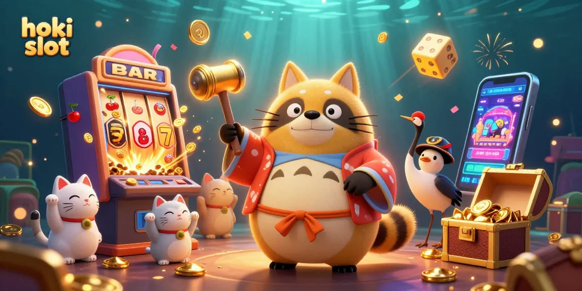 Spin the hoki slot and enjoy the vibrant jackpot scene with lively characters and coins!