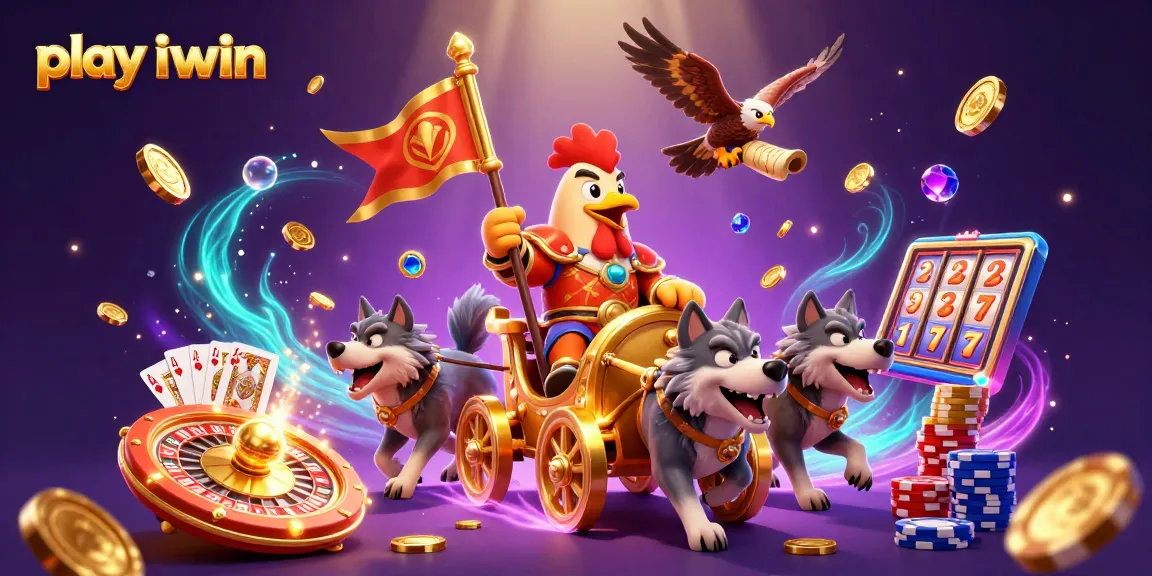 Play iwin across a vibrant scene filled with treasures, games, and animated characters.
