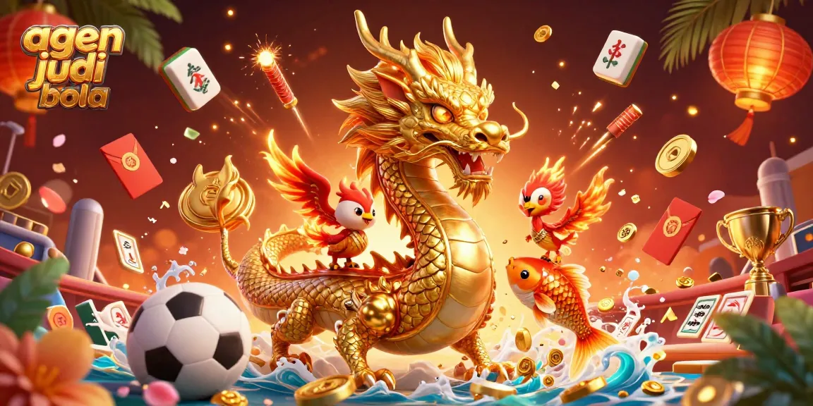 Bet on agen judi bola with a fierce dragon, phoenix, and koi fish amid vibrant sports elements.