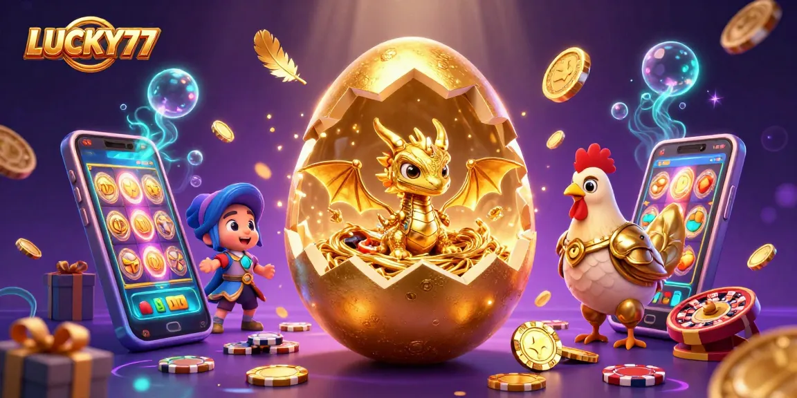 Play with LUCKY77 in a magical 3D casino scene featuring a golden dragon and poker chips.